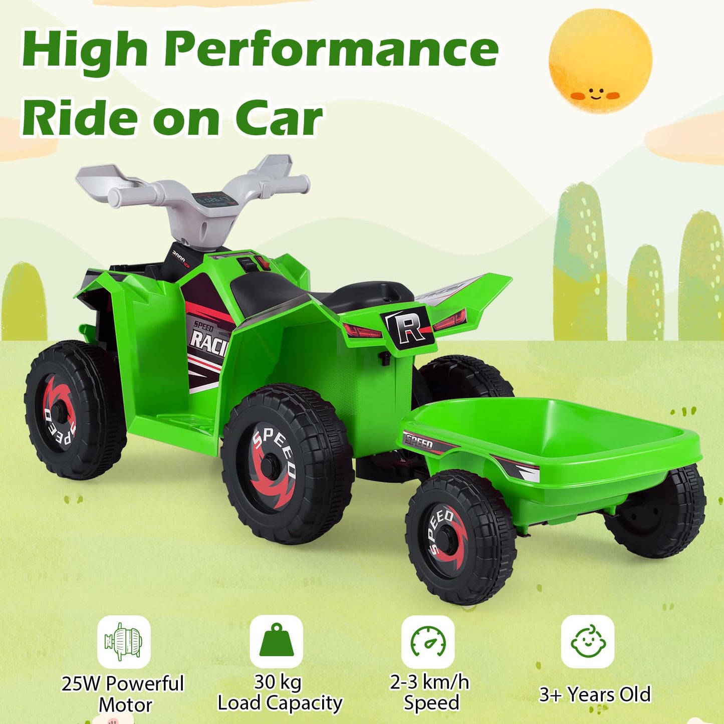 6V Kids Electric Quad with Removable Back Trailer Toddler Ride On ATV