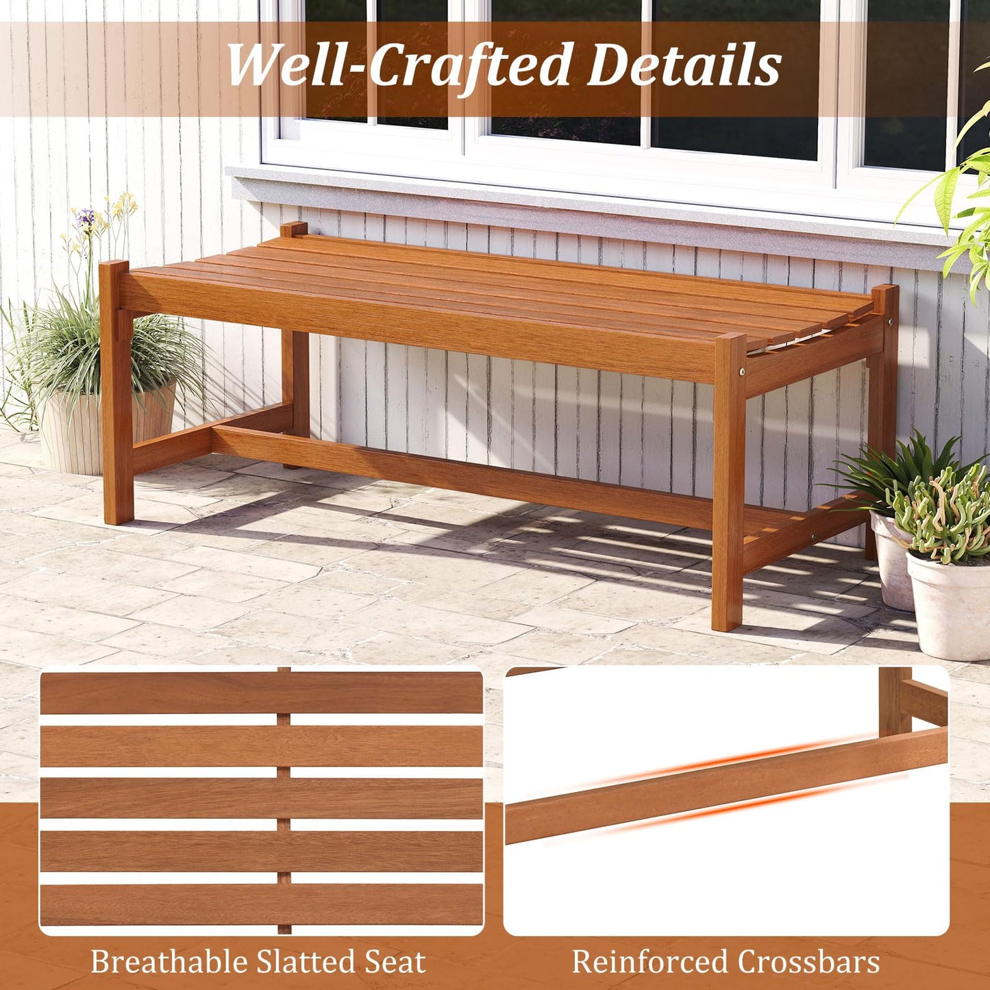 Wooden Garden Bench, 2 Seater Outdoor Bench with Slatted Curved Seat