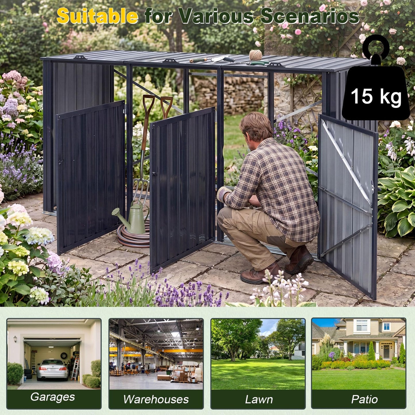 3-Bin Wheelie Bin Storage with Flip-Up Lids & Lockable Doors