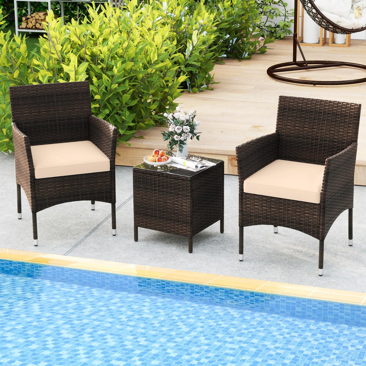 3 Pieces Patio Rattan Furniture Set with Soft Cushions and Glass Top Table
