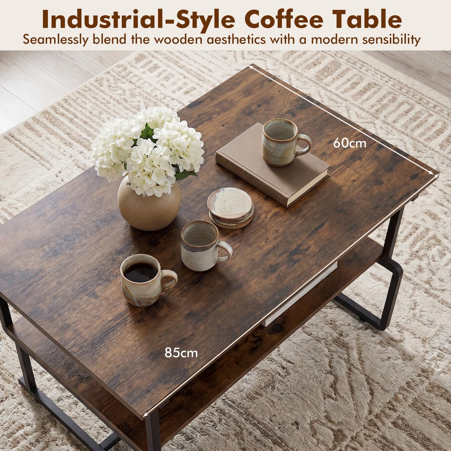 2-Tier Coffee Table, Industrial Rectangle Cocktail Center Table with Storage Shelf