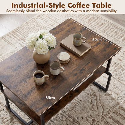 2-Tier Coffee Table, Industrial Rectangle Cocktail Center Table with Storage Shelf