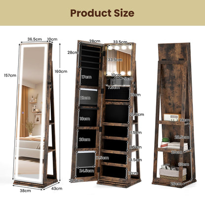 360° Swivel Jewelry Cabinet Freestanding Jewelry Storage Organizer with Lighted Full Length Mirror