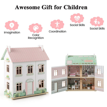 Wooden Dollhouse with Furniture and Accessories for Kids