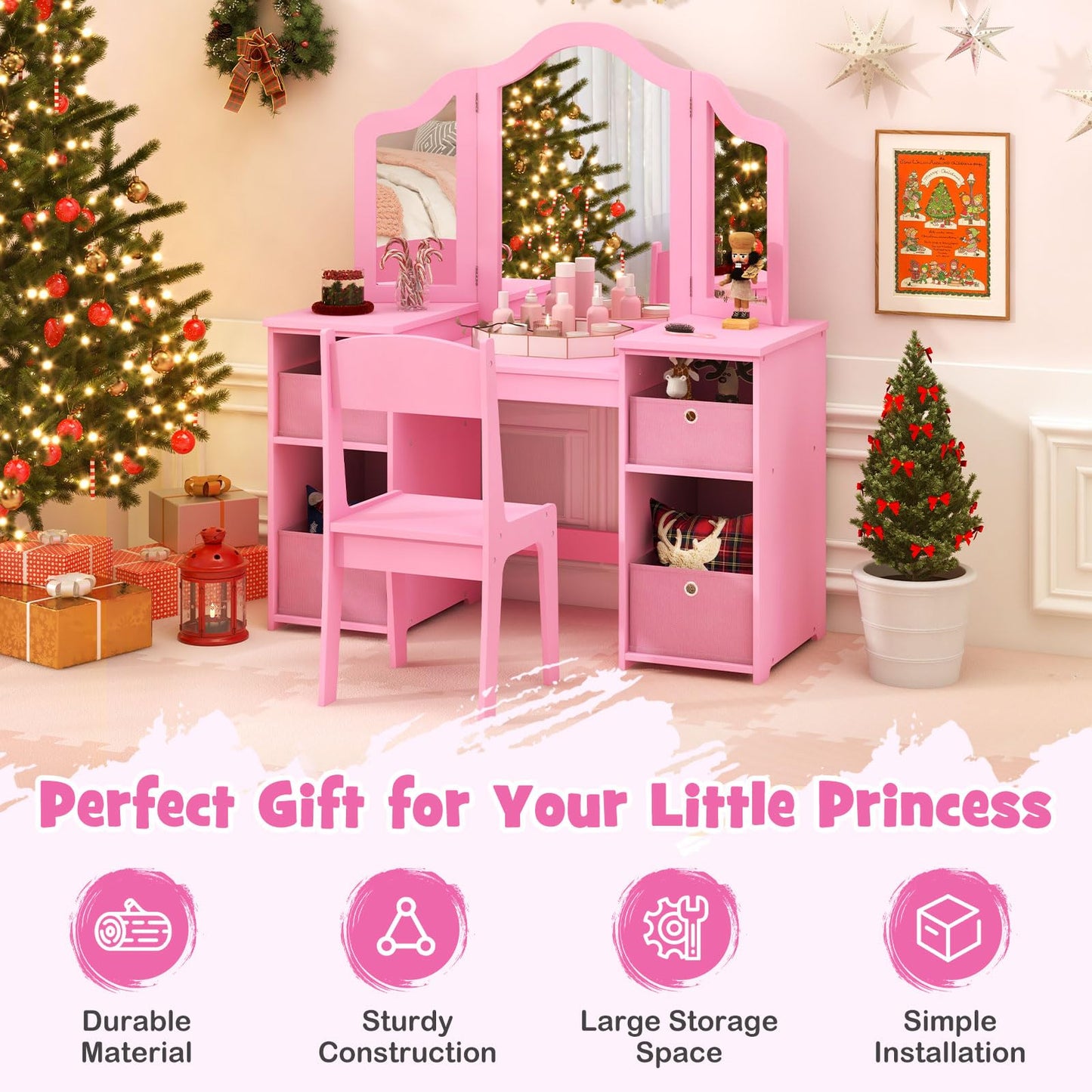Kids Vanity Set with Tri-Folding Detachable Mirror and 4 Storage Bins