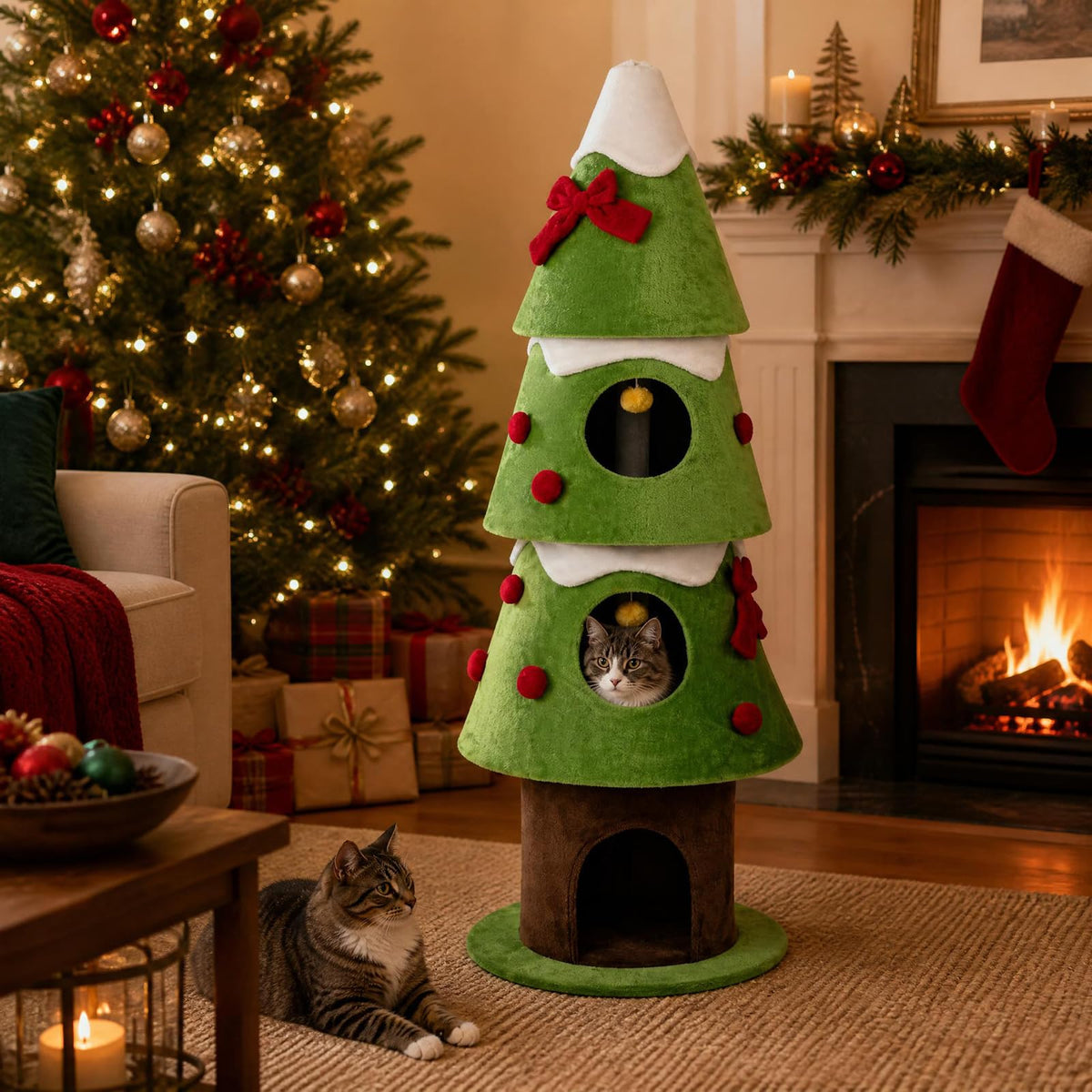 157.5 cm Christmas Cat Tree with 3 Cozy Condos and 2 Hanging Balls