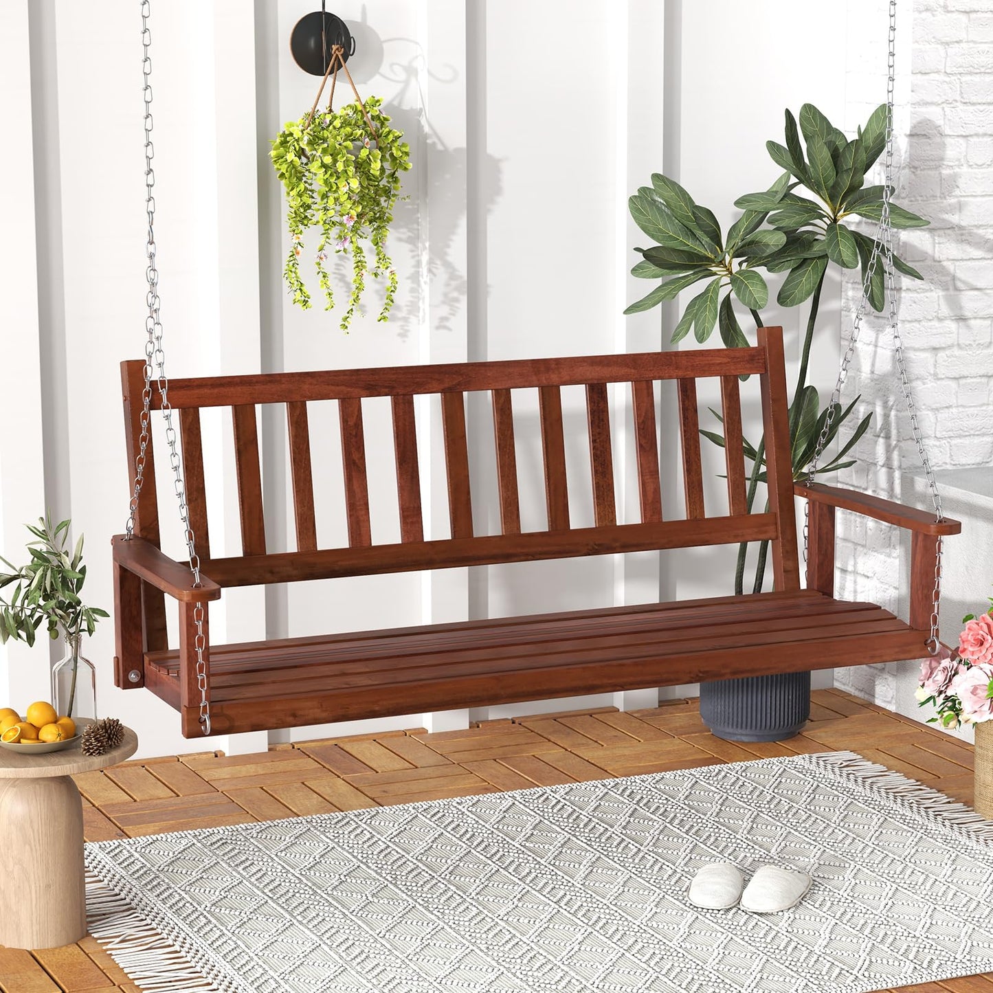 2/3 Person Wooden Outdoor Porch Swing with Adjustable Upper Chains