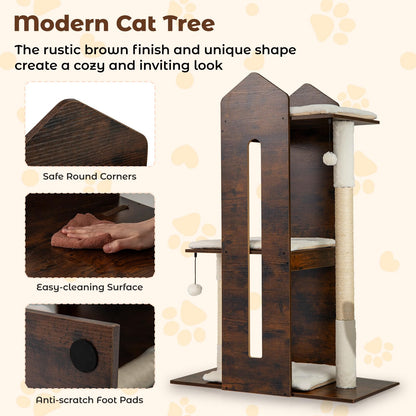 Wooden Cat Activity Center with Sisal Scratching Posts and Hanging Balls