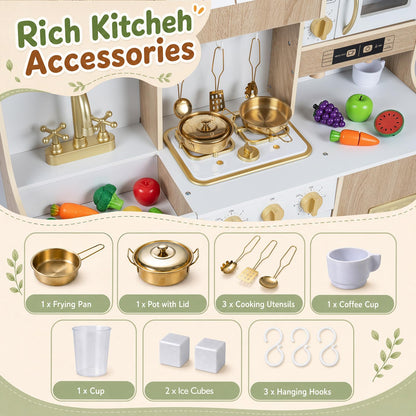 Kids Play Kitchen, Wooden Toy Kitchen with Stoves, Ice Maker, Oven