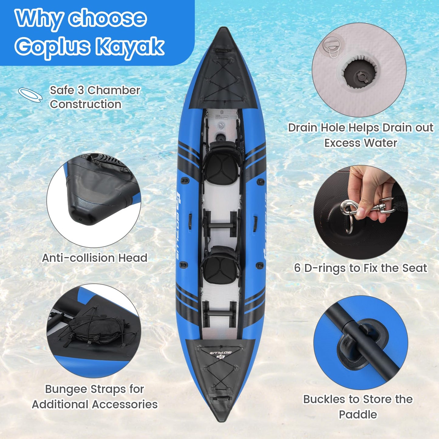 2 Person Inflatable Kayak Set with Aluminum Oars and Padded Seat