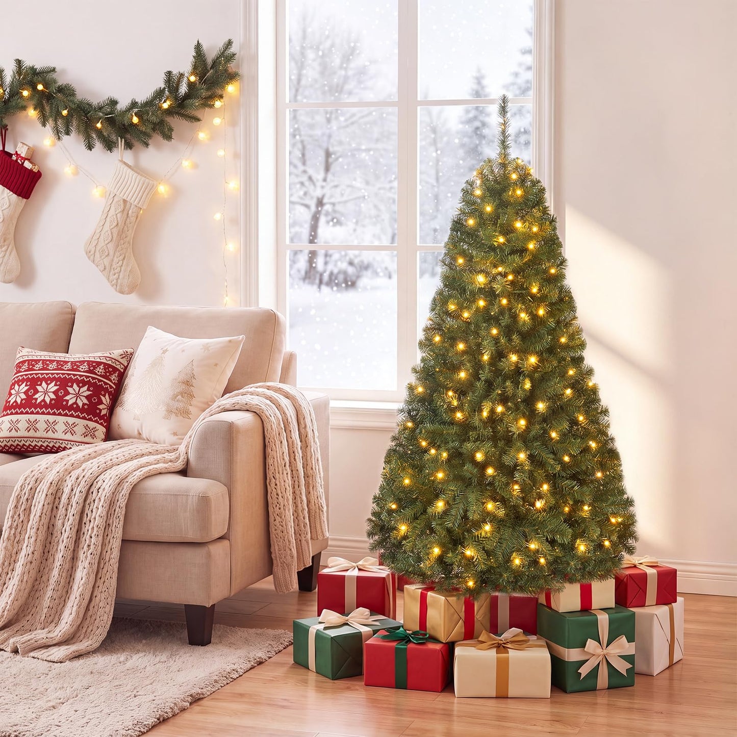 5FT Pre-Lit Artificial Christmas Tree, Hinged Xmas Tree