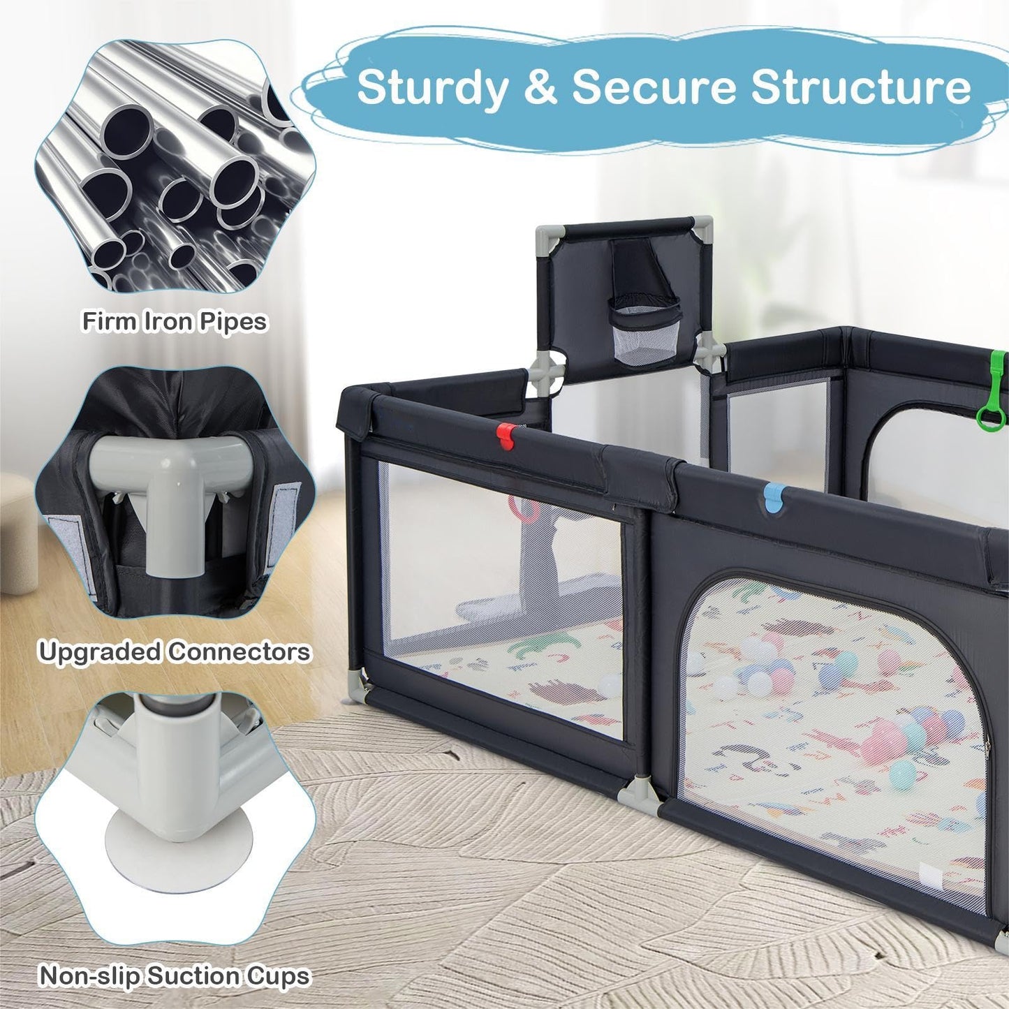 Toddler Mesh Play Pen with Mat, Pull Rings