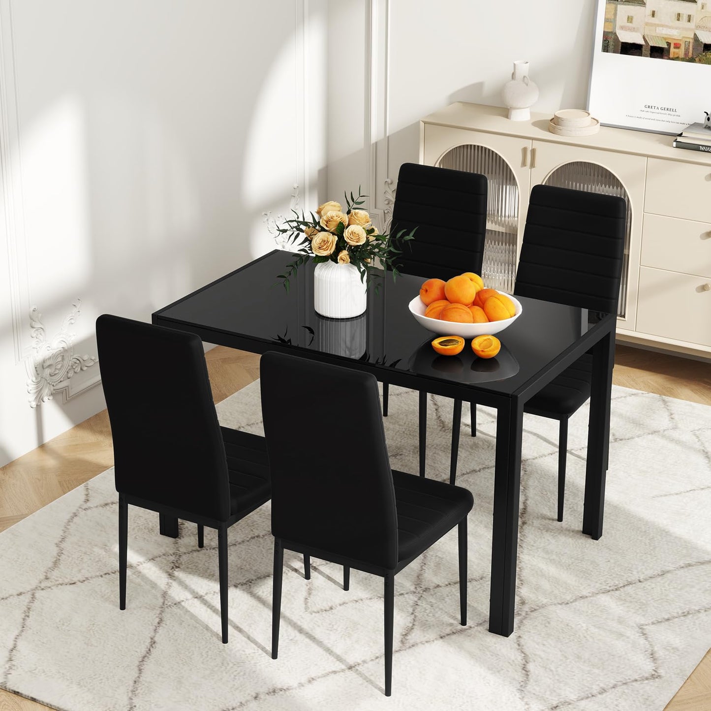5 Pieces Kitchen Table and 4 Upholstered Chairs with High Backrest & Glass Tabletop