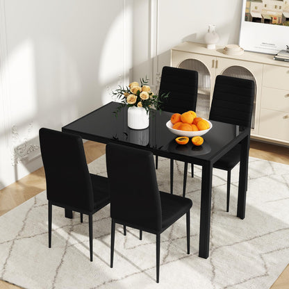 5 Pieces Kitchen Table and 4 Upholstered Chairs with High Backrest & Glass Tabletop