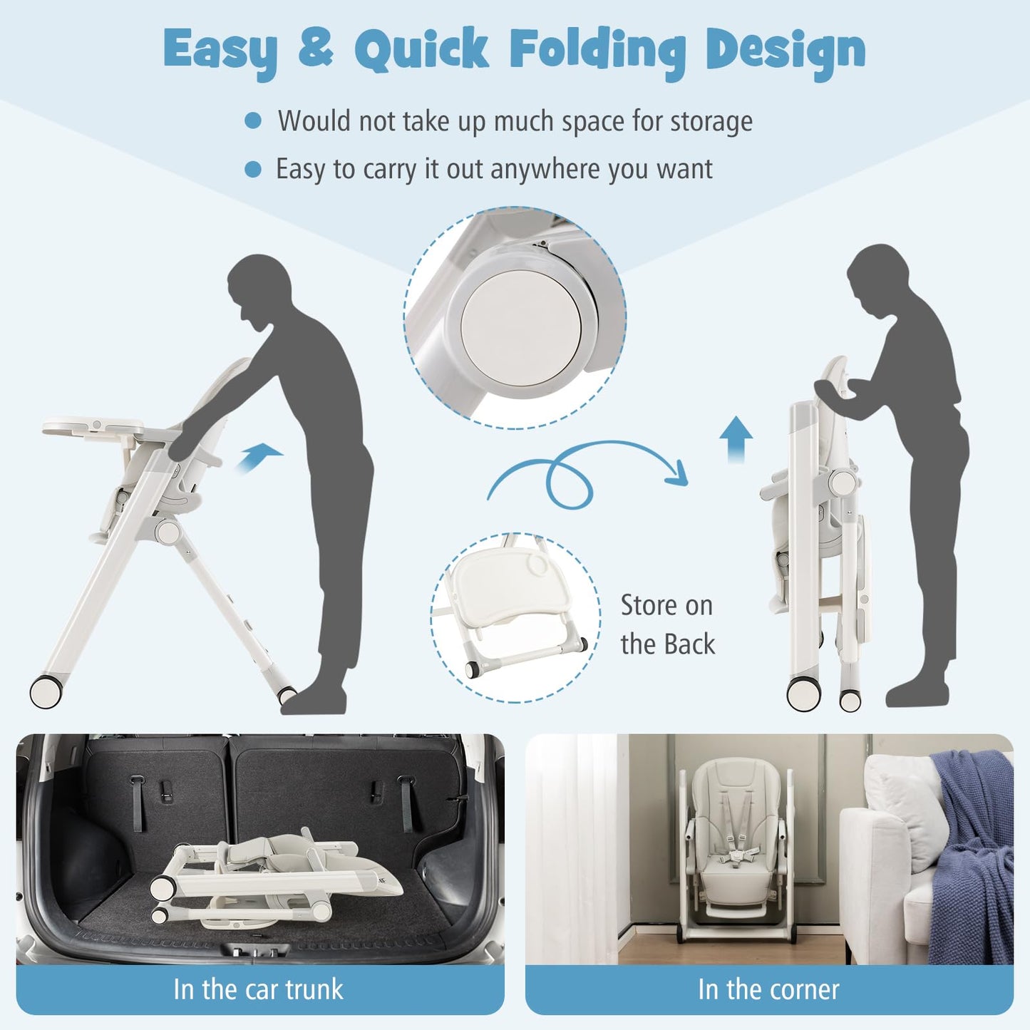 Adjustable Toddlers Reclining Highchair with Detachable Double Trays