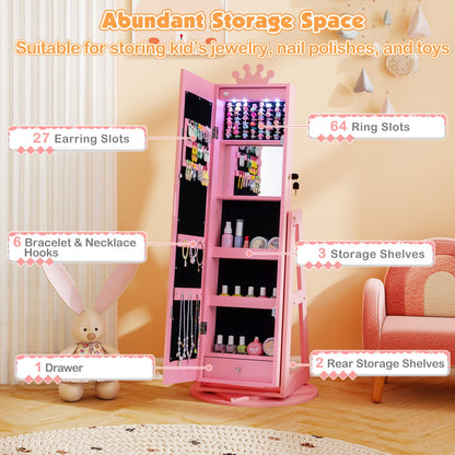 3 In 1 Kids Jewelry Cabinet 360° Swivel Jewelry Armoire with Mirror