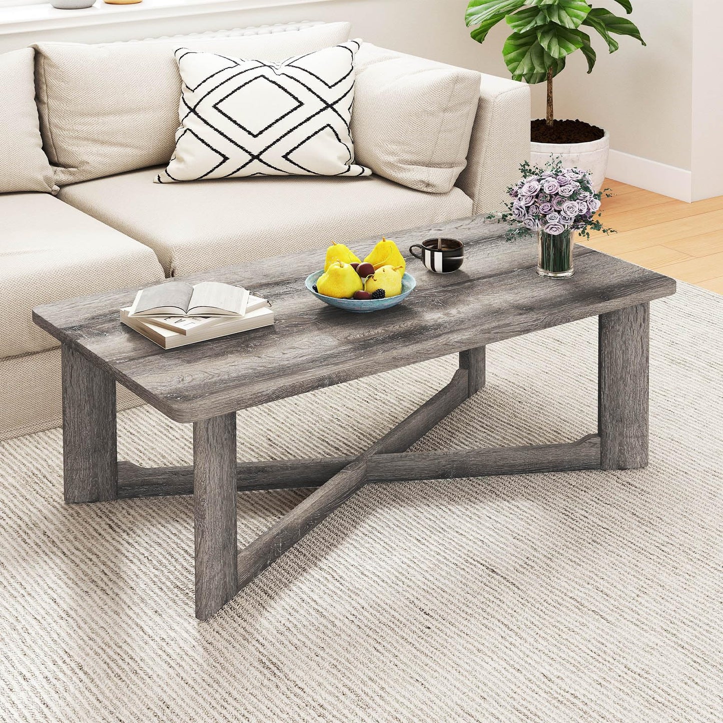 Coffee Table Rectangle Center Table with X-Shaped Base