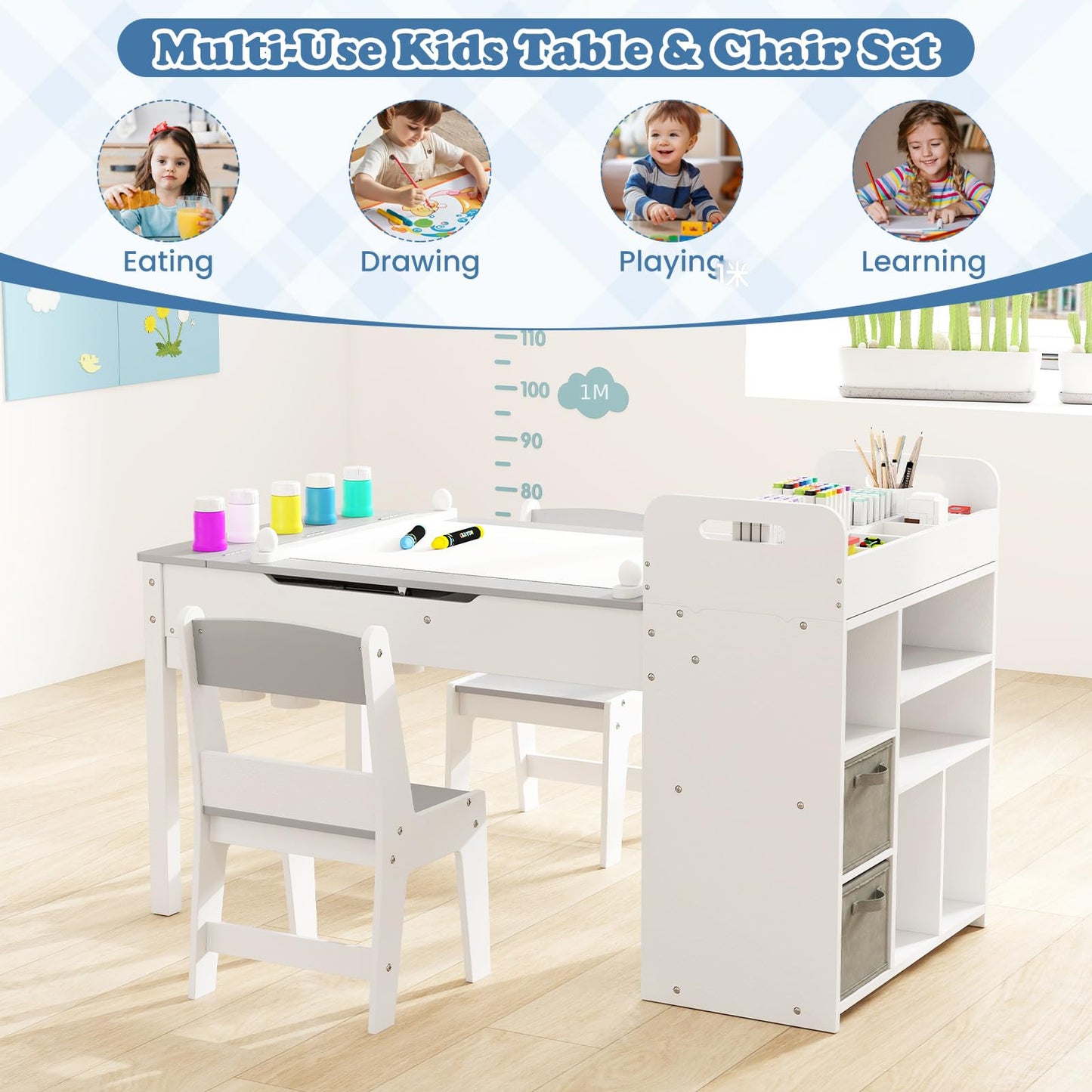 Kids Art Craft Table and Chairs Set with Paper Roll Flip up Tabletop