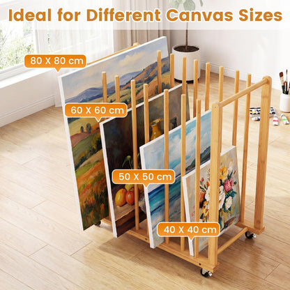 Bamboo Art Storage Rack with 4 Wheels and Side Handle for Canvases and Frames