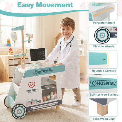 Wooden Doctor Playset, Kids Role Play Medical Station Cart