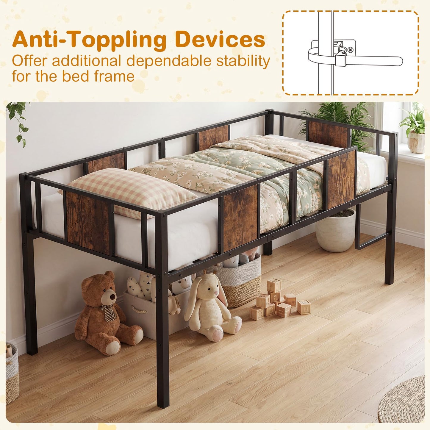 Kids Loft Bed, Metal Single Size Low Loft Bed with Under-Bed Space