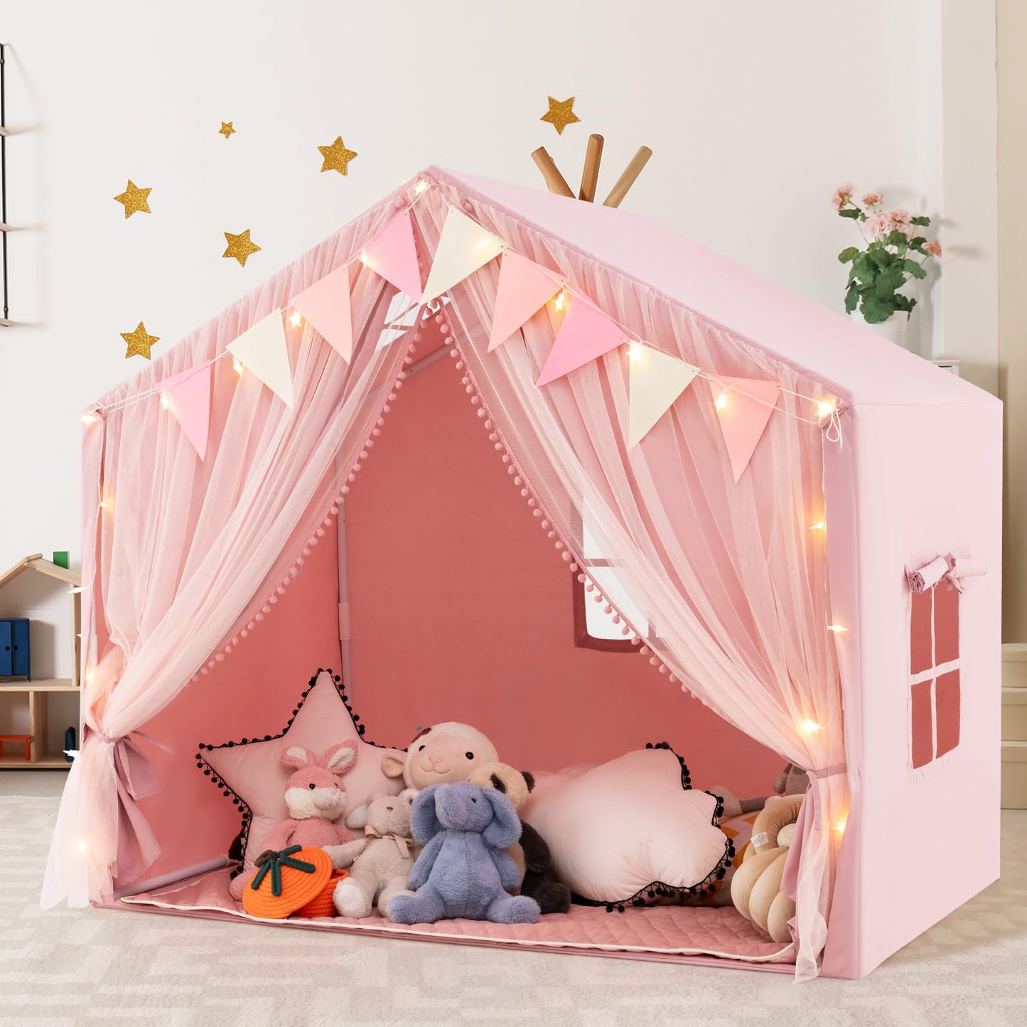 Kids Play Tent 3-4 Kids Large Play Tent House with Fabric and Screen Curtains