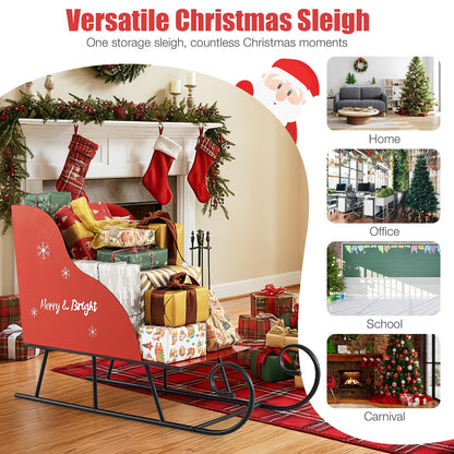 Red Christmas Santa Sleigh, Metal Xmas Decoration with 1/2-Tier Storage Shelf