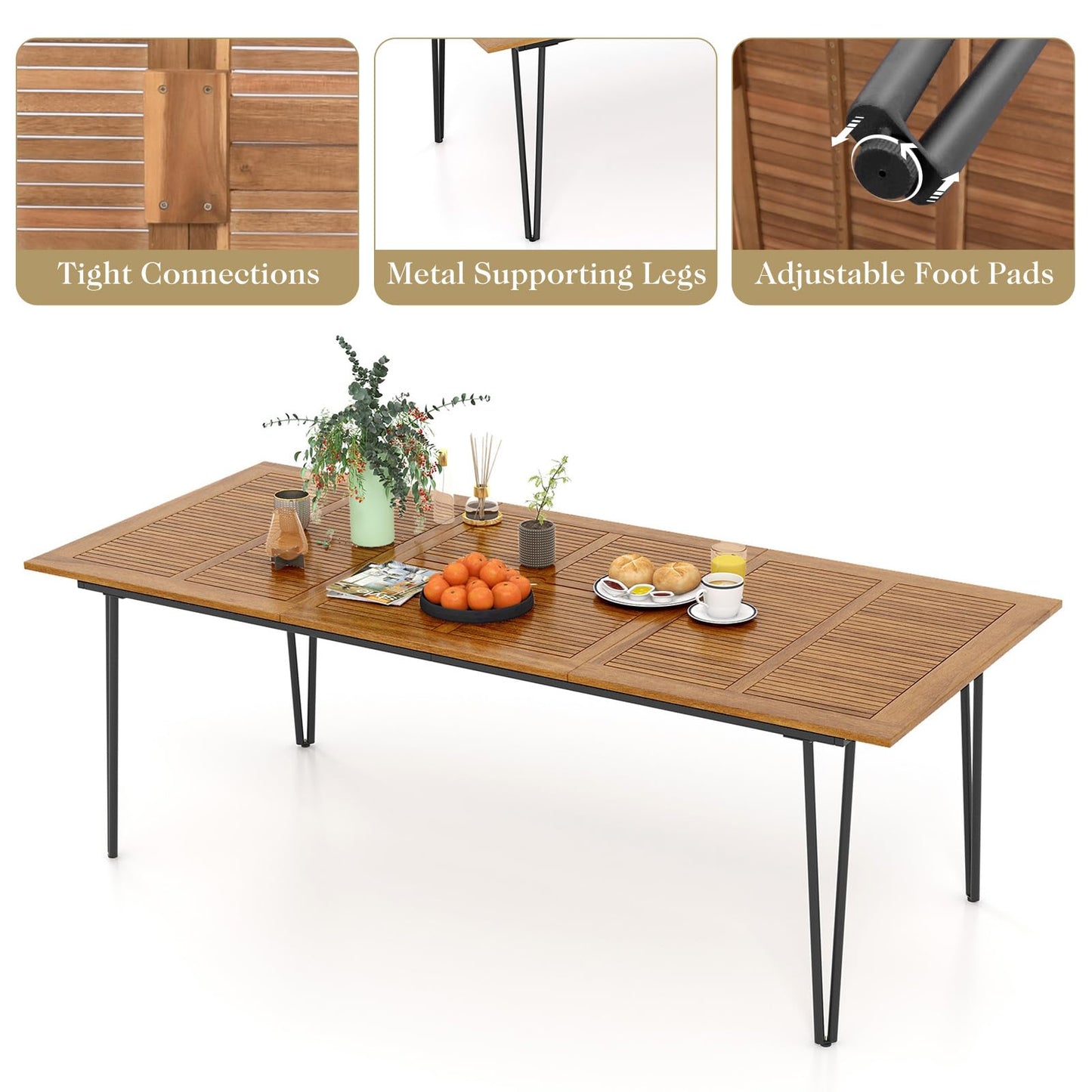 Outdoor Dining Table Acacia Wood Kitchen Table with Metal Legs