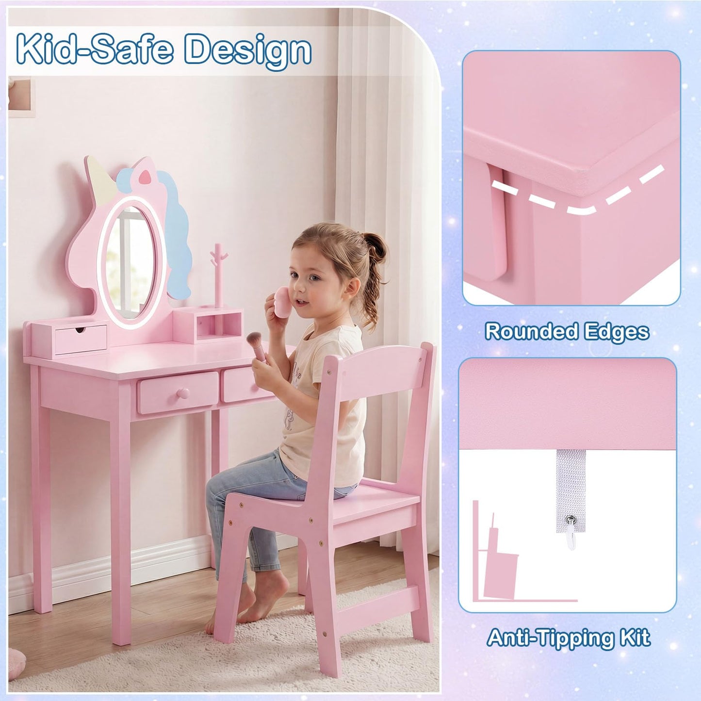 Kids Vanity Set with Lighted Unicorn Mirror & Stool and Jewelry Rack for Girls