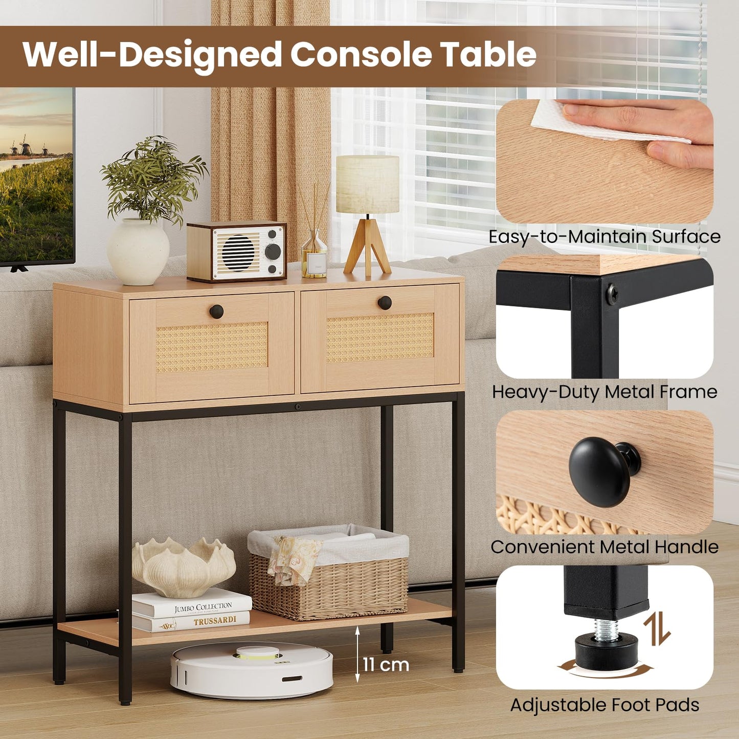 80 CM Boho Console Table with 2 Drawers and Bottom Shelf