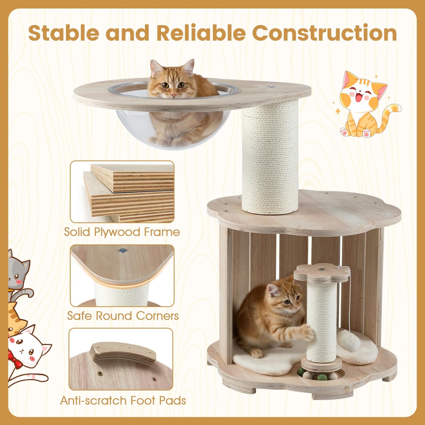Wooden Cat Tree 3-Level Cute Kitten Tower with Condo Space Capsule Scratching Posts