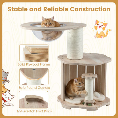 Wooden Cat Tree 3-Level Cute Kitten Tower with Condo Space Capsule Scratching Posts