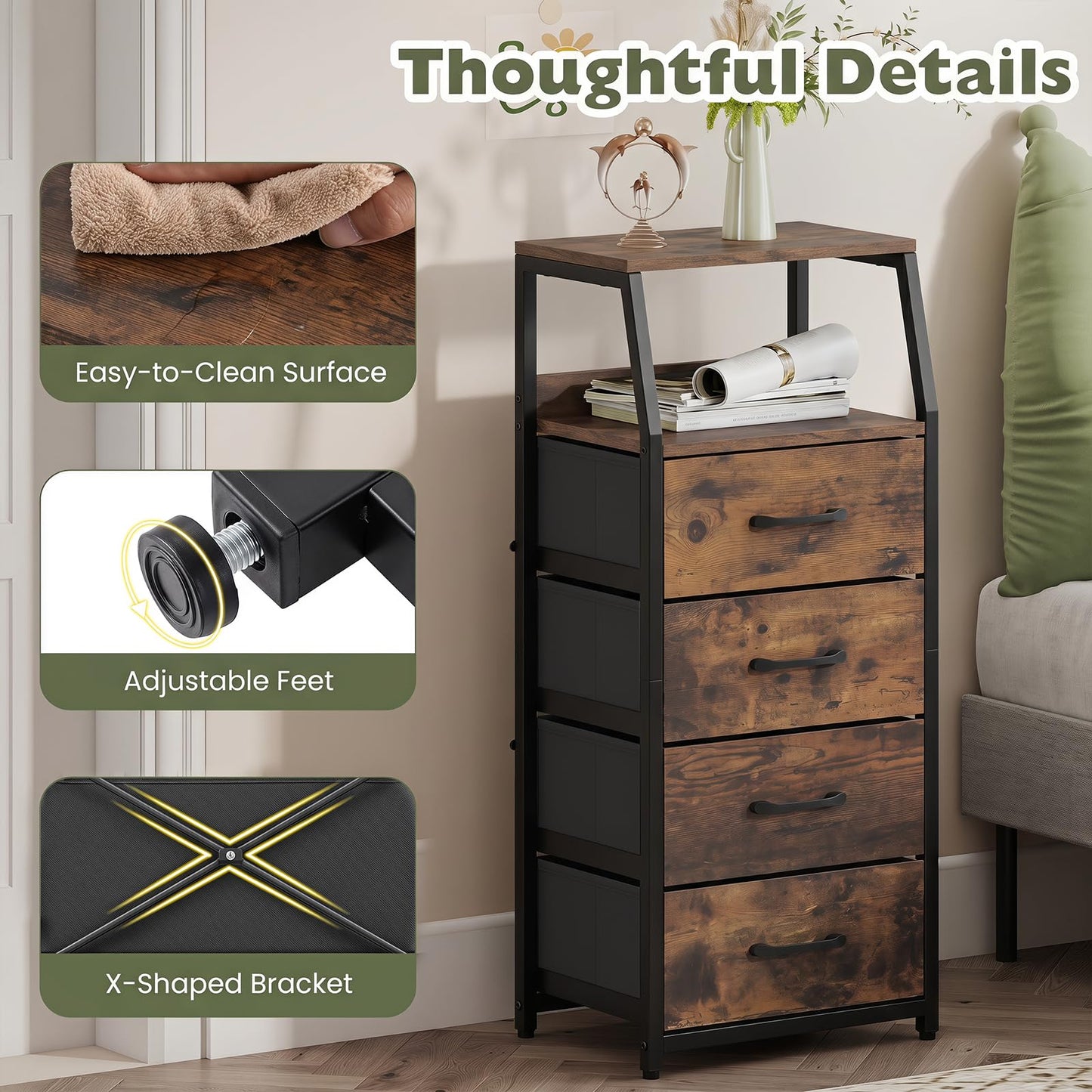 4-Drawer Storage Cabinet with Detachable and Foldable Fabric Drawers