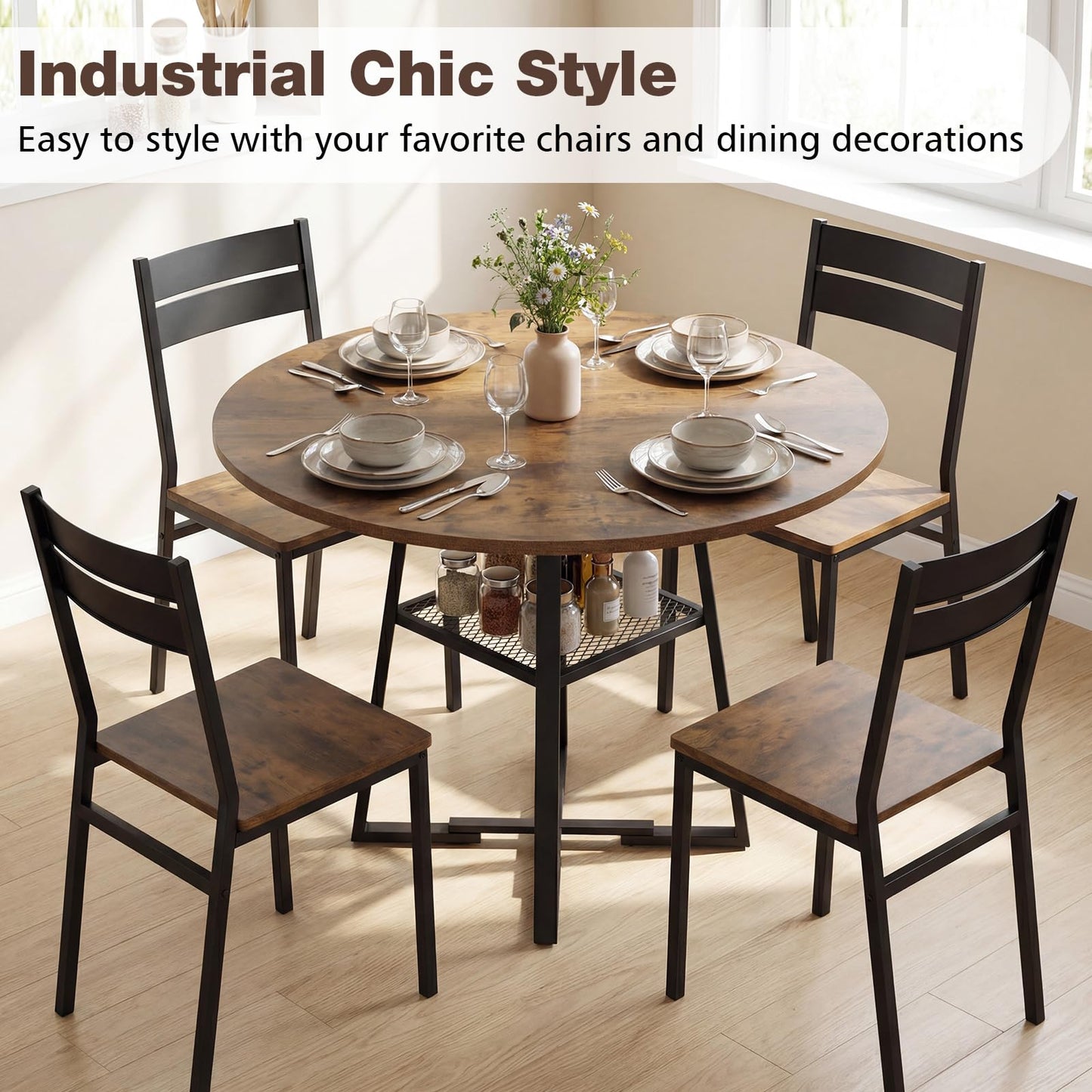 Round Dining Table for 4-6 120 CM Dining Room Table with Storage Shelf and Metal Legs