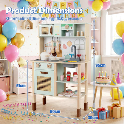 Kids Play Kitchen Wooden Pretend Kitchen Playset with Rattan Doors Wood Legs