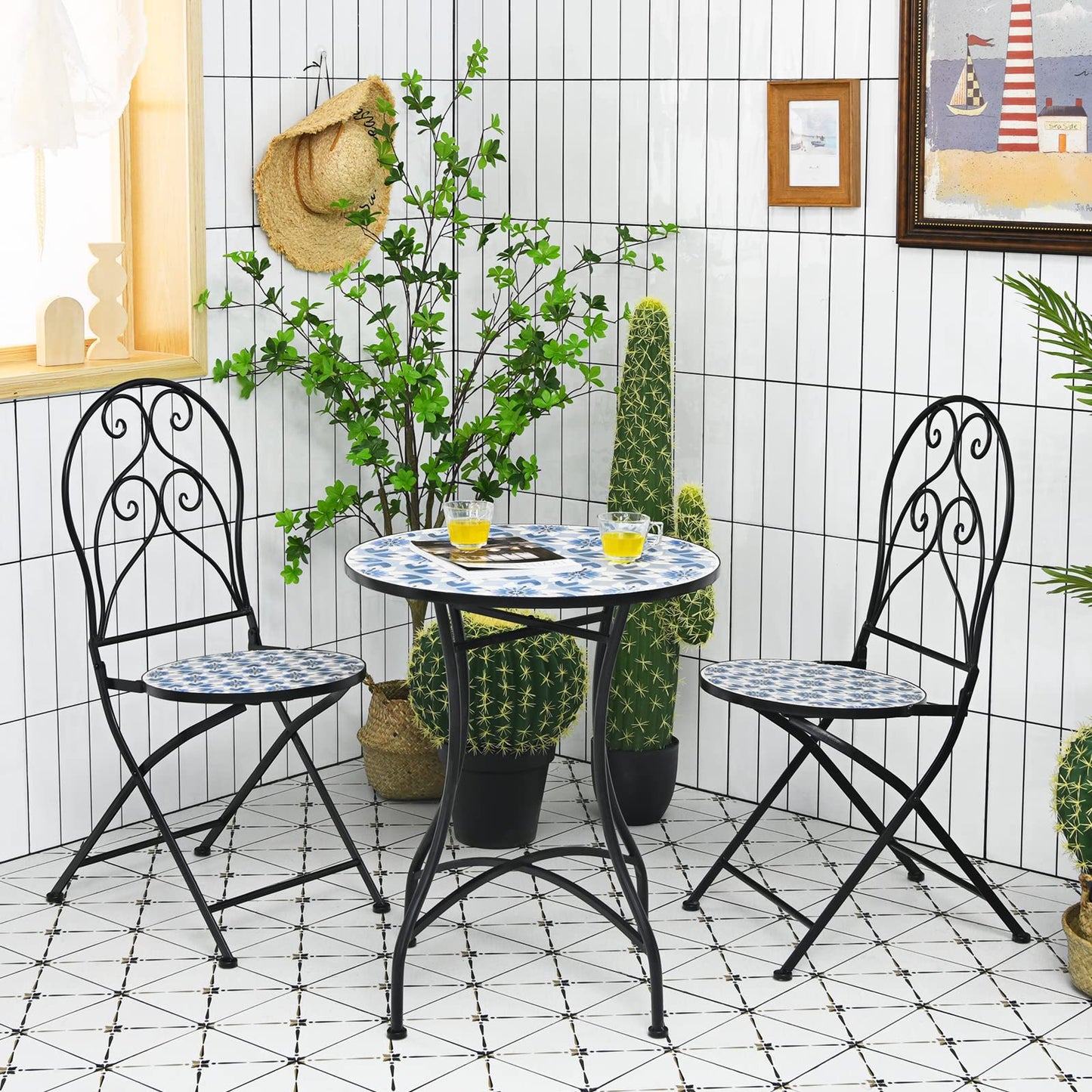 Mosaic Metal Dining Set Garden Table with 2 Folding Chairs