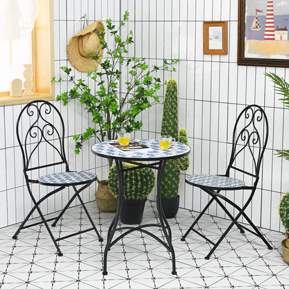 Mosaic Metal Dining Set Garden Table with 2 Folding Chairs