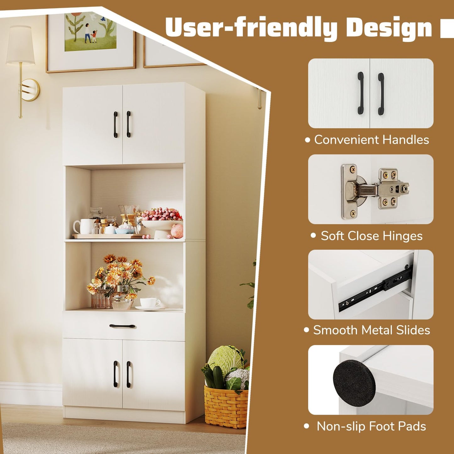 Kitchen Pantry Cabinet with Charging Station 168 cm Tall Cupboard with 4 Doors and 2 Adjustable Shelves