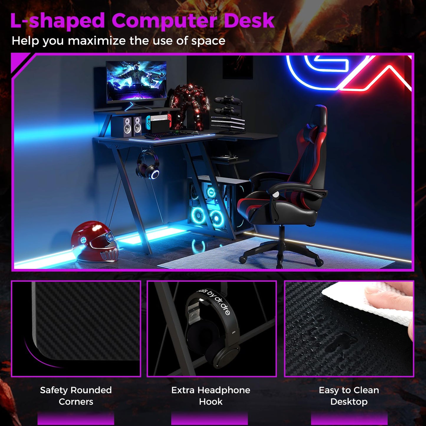 L-Shaped Gaming Desk with Outlets USB Ports and Monitor Shelf