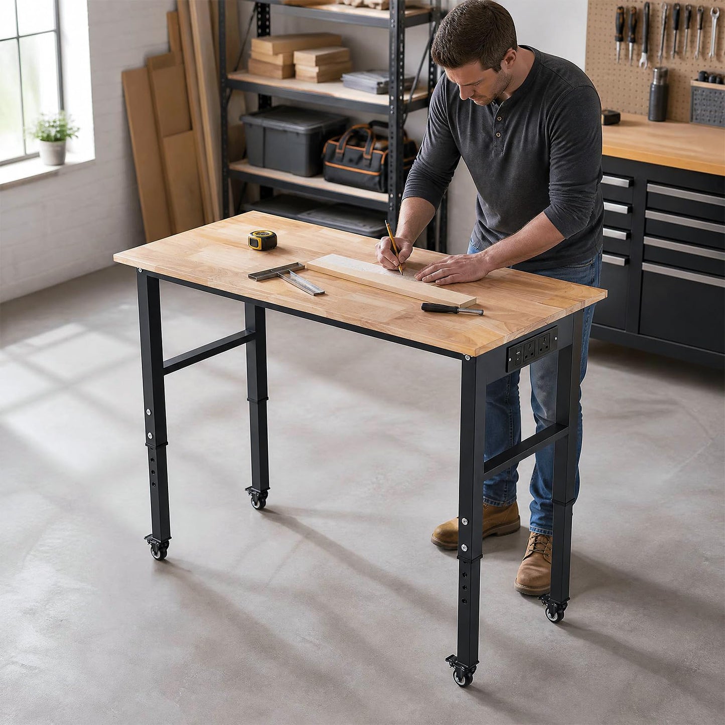 46 Inch Adjustable Workbench with Wheels and Power Outlet Oak Top for Garage