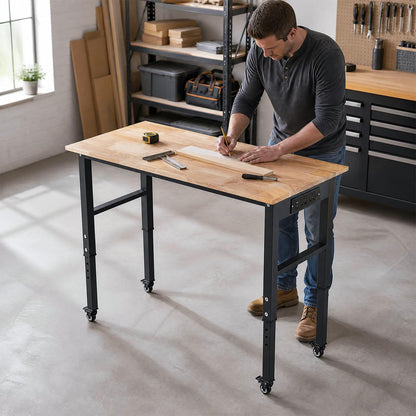 46 Inch Adjustable Workbench with Wheels and Power Outlet Oak Top for Garage