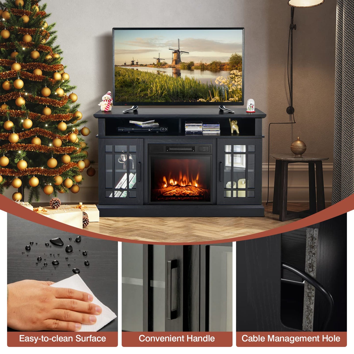 48cm Fireplace TV Stand with LED Lights Entertainment Center for 65 Inch TV