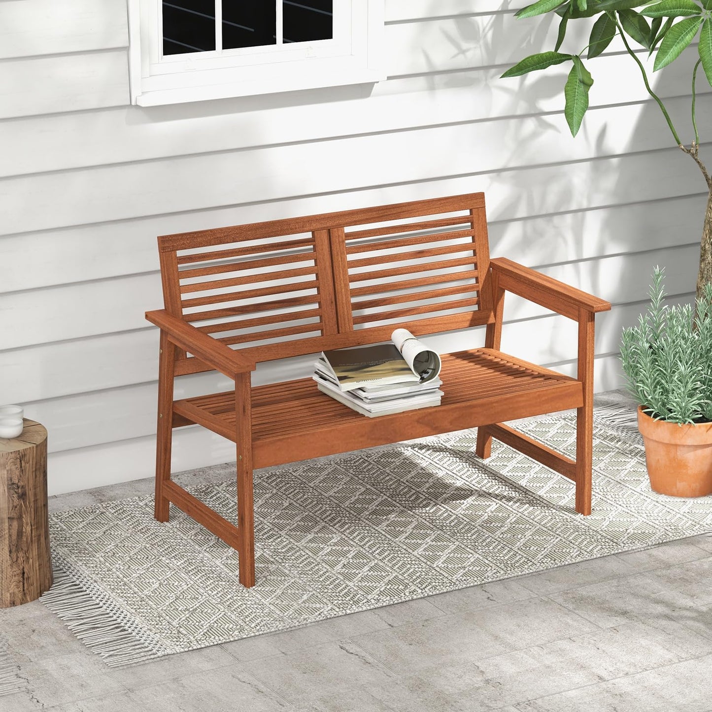 Outdoor Solid Wood Bench with Comfortable Backrest