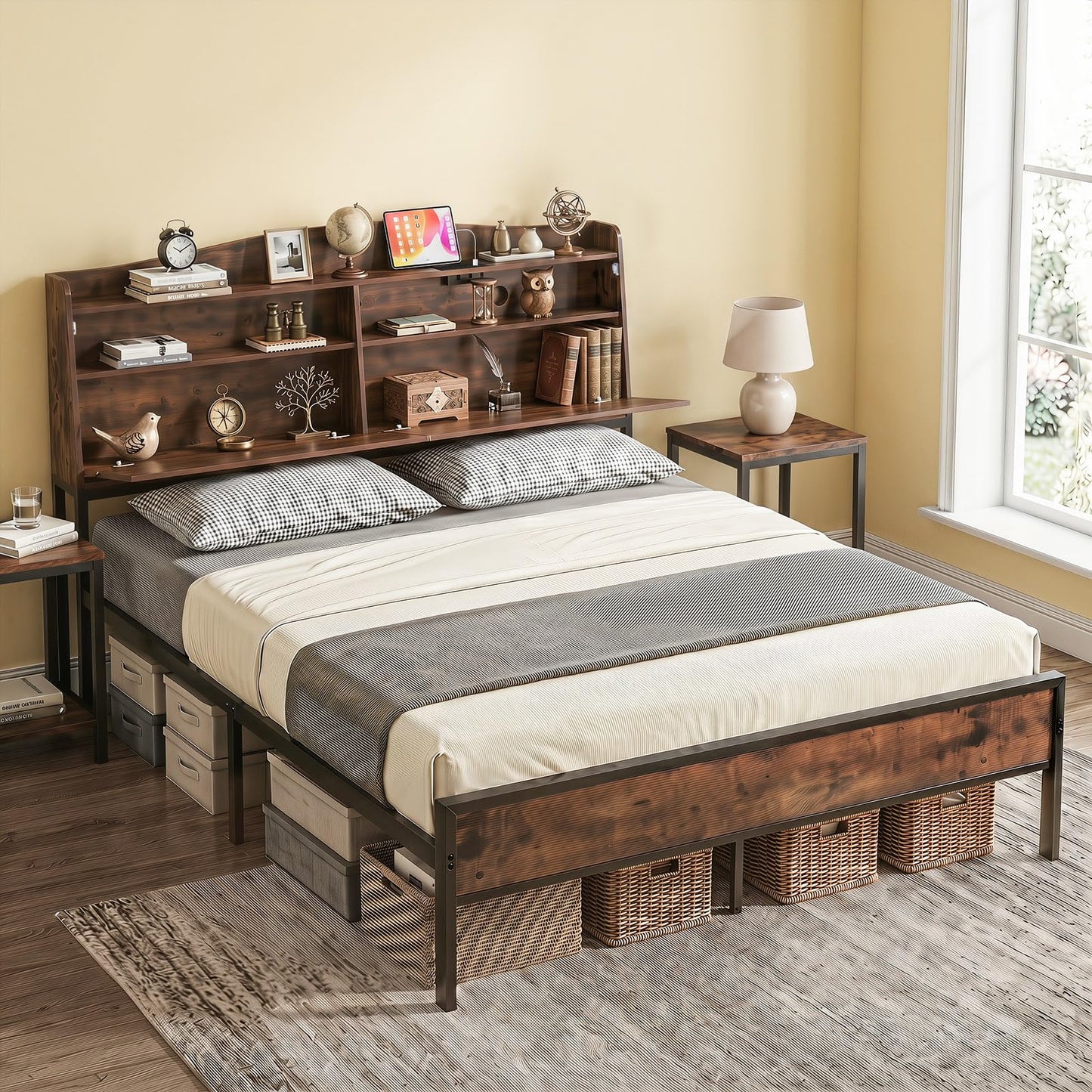 King Size Industrial Metal Platform Bed Frame with Charging Station and Storage Headboard