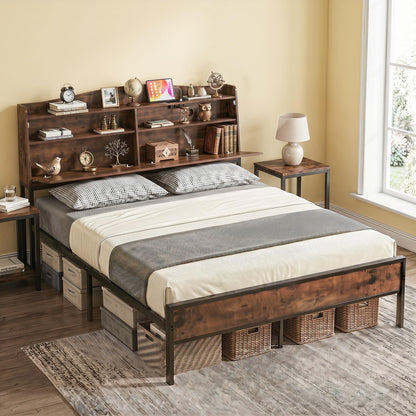 King Size Industrial Metal Platform Bed Frame with Charging Station and Storage Headboard