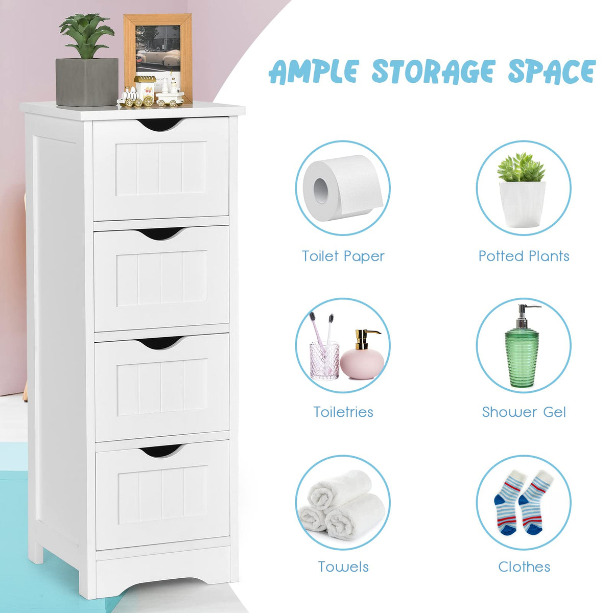 4 Drawers Bathroom Floor Cabinet with Curved Handle