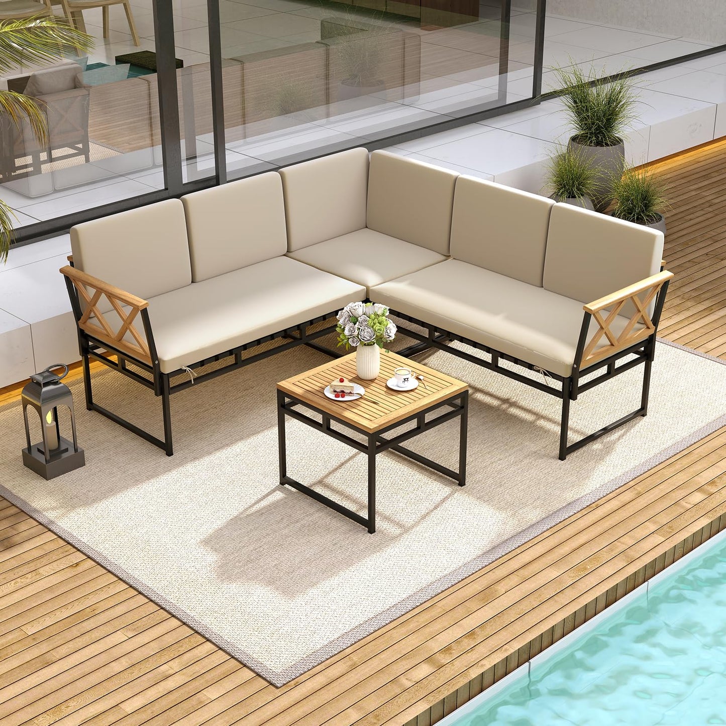 4 Piece Patio L-Shaped Sofa Set Acacia Wood Metal Sectional Sofa Set