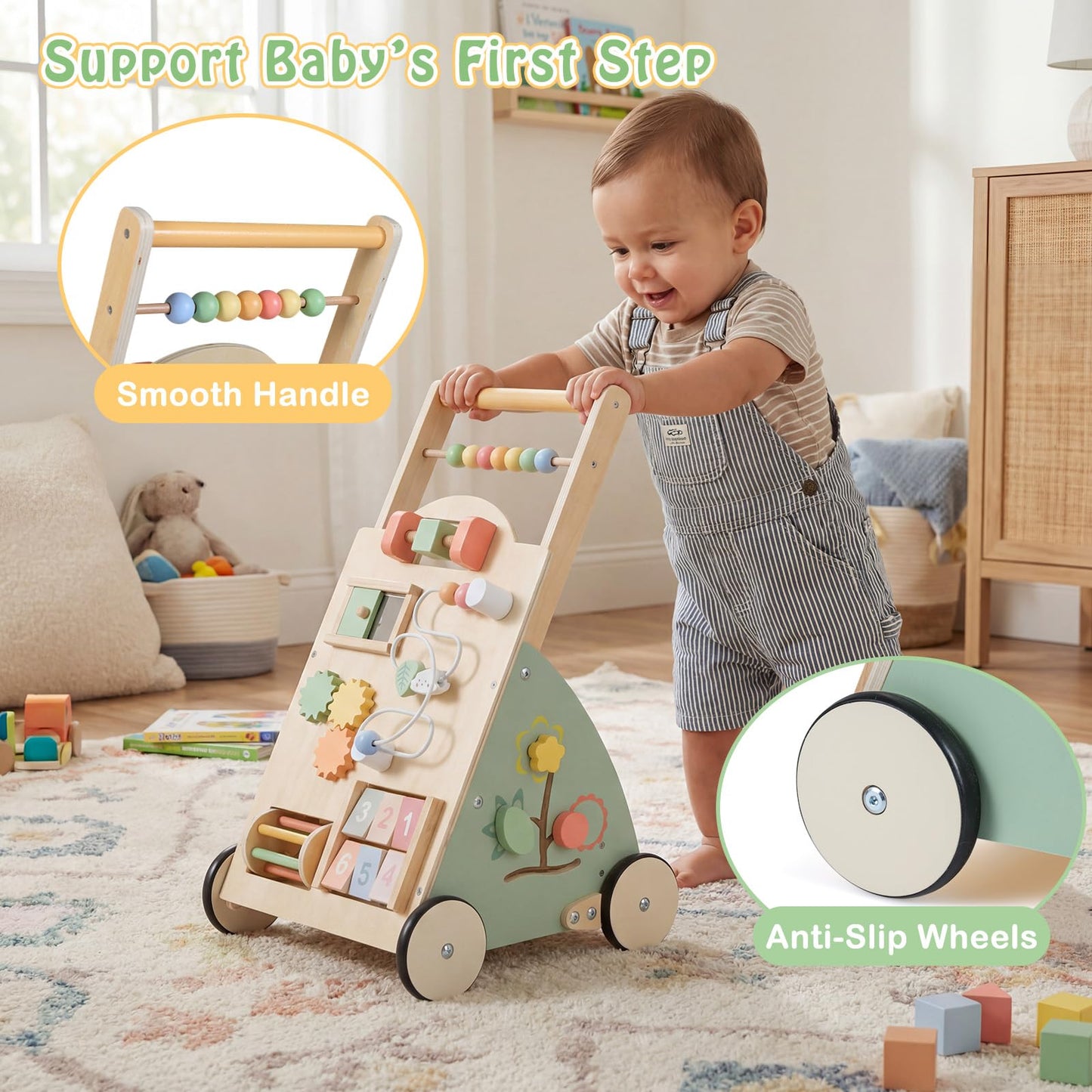 Wooden Baby Walker, 10 in 1 Toddler Push Along Toy with Activity Center