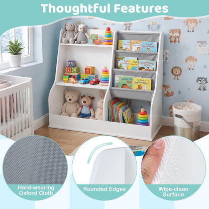 Kids Bookshelf 80 CM Wooden Toy Storage Organizer with 3 Tiers of Fabric Pockets