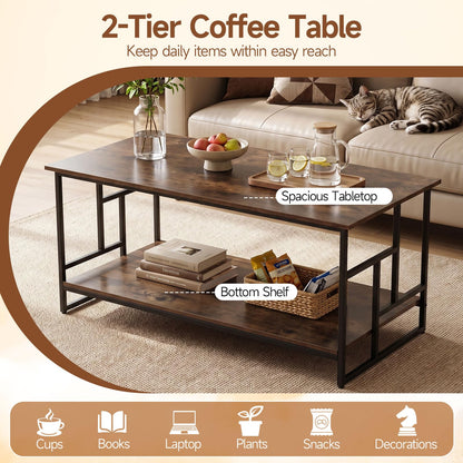 2-Tier Rectangle Coffee Table, Wooden Center Table